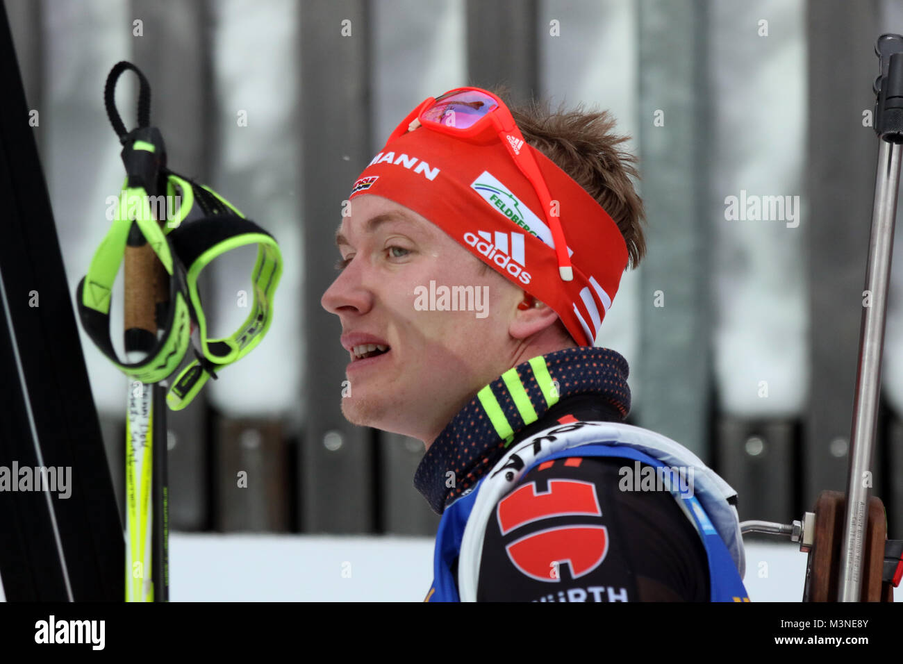 Benedikt Doll (SZ Breitnau) mit zweitbester Laufzeit, aber drei Schießfehlern enttäuscht beim Weltcup Ruhpolding 2017 - Sprint Herren Foto Stock