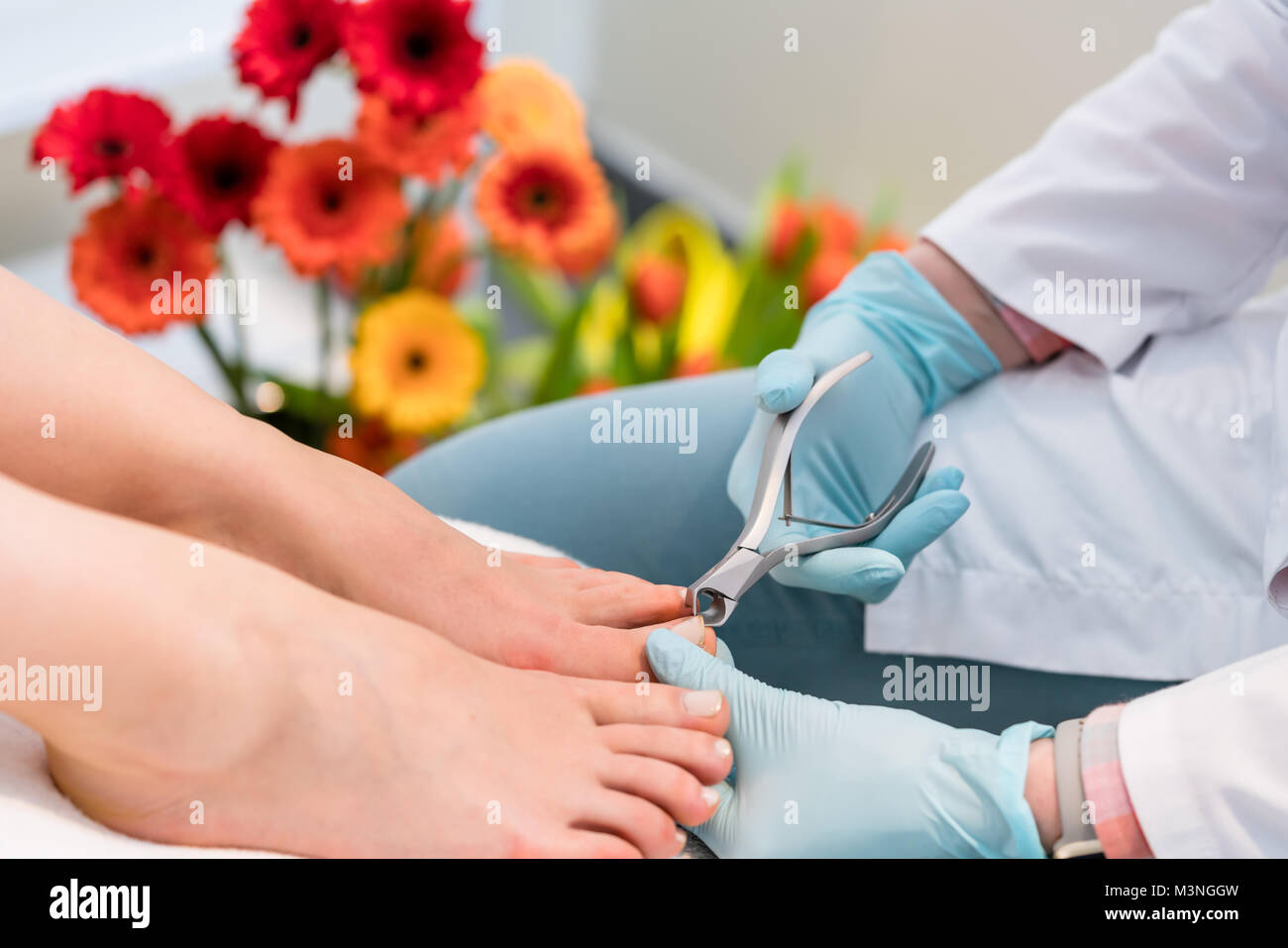 Close-up delle mani di un pedicurist indossando guanti chirurgici sterili, mentre usando una punta tagliaunghie durante la sagomatura dei chiodi di una femmina di cliente in Foto Stock