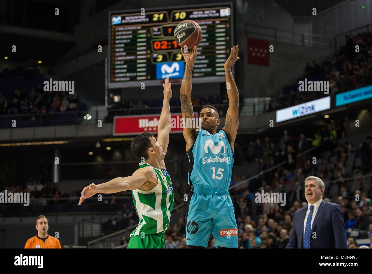 Landesberg Sylven (R) durante Movistar Estudiantes vittoria sul Betis Energia Plus (89 - 83) nella Liga Endesa stagione regolare gioco (giorno 20) ha celebrato a Madrid al Centro Wizink. 11 febbraio 2018. Foto Stock