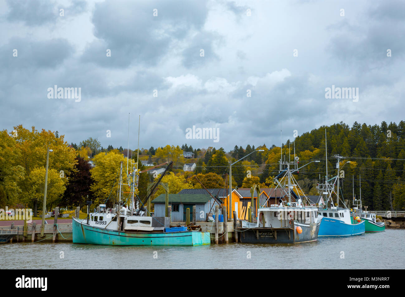 Belle Foglie di autunno nella piccola pesca commerciale village, vecchio coloratissime barche di pescatori al Molo di St Martins Baia di Fundy New Brunswick Canada Foto Stock