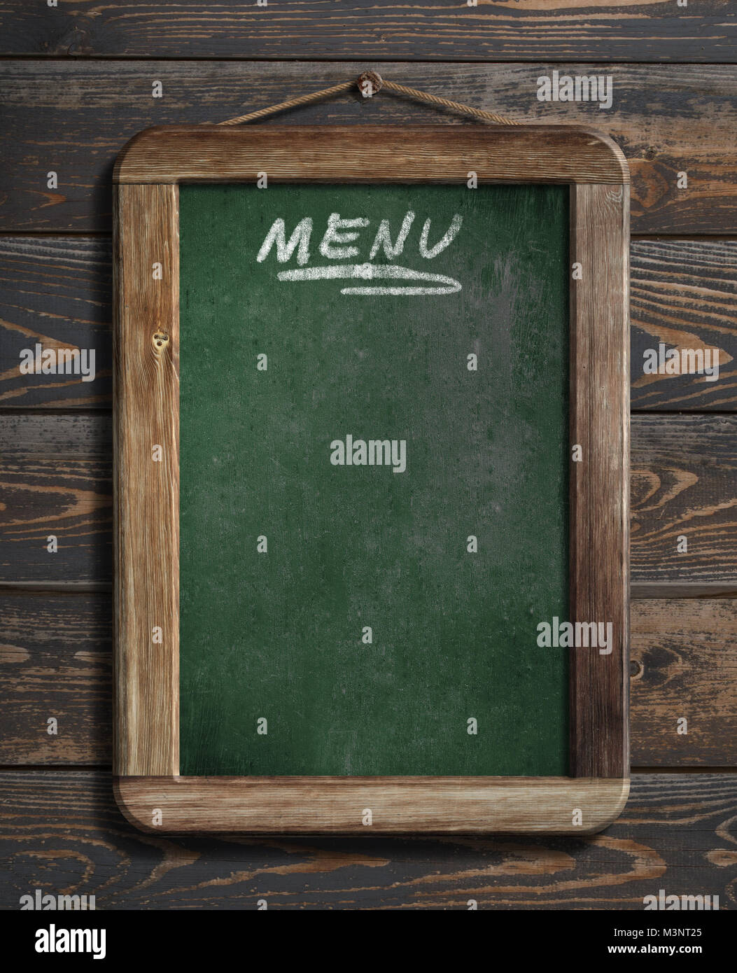 Lavagna menu appeso alla parete in legno 3d illustrazione Foto Stock