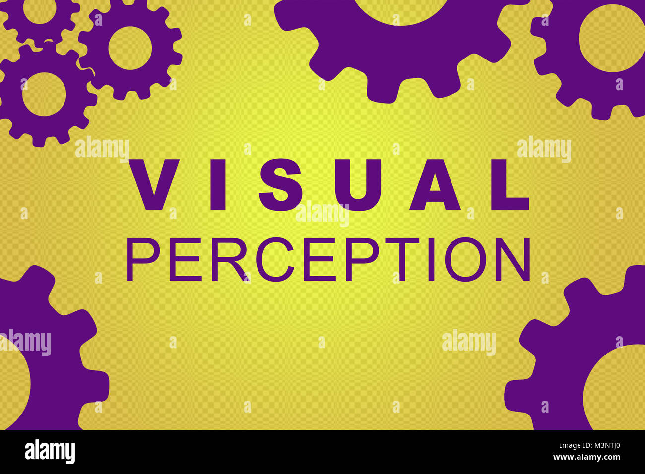 La percezione visiva di concetto di segno illustrazione con violetta ruota dentata figure su gradiente di colore giallo Foto Stock