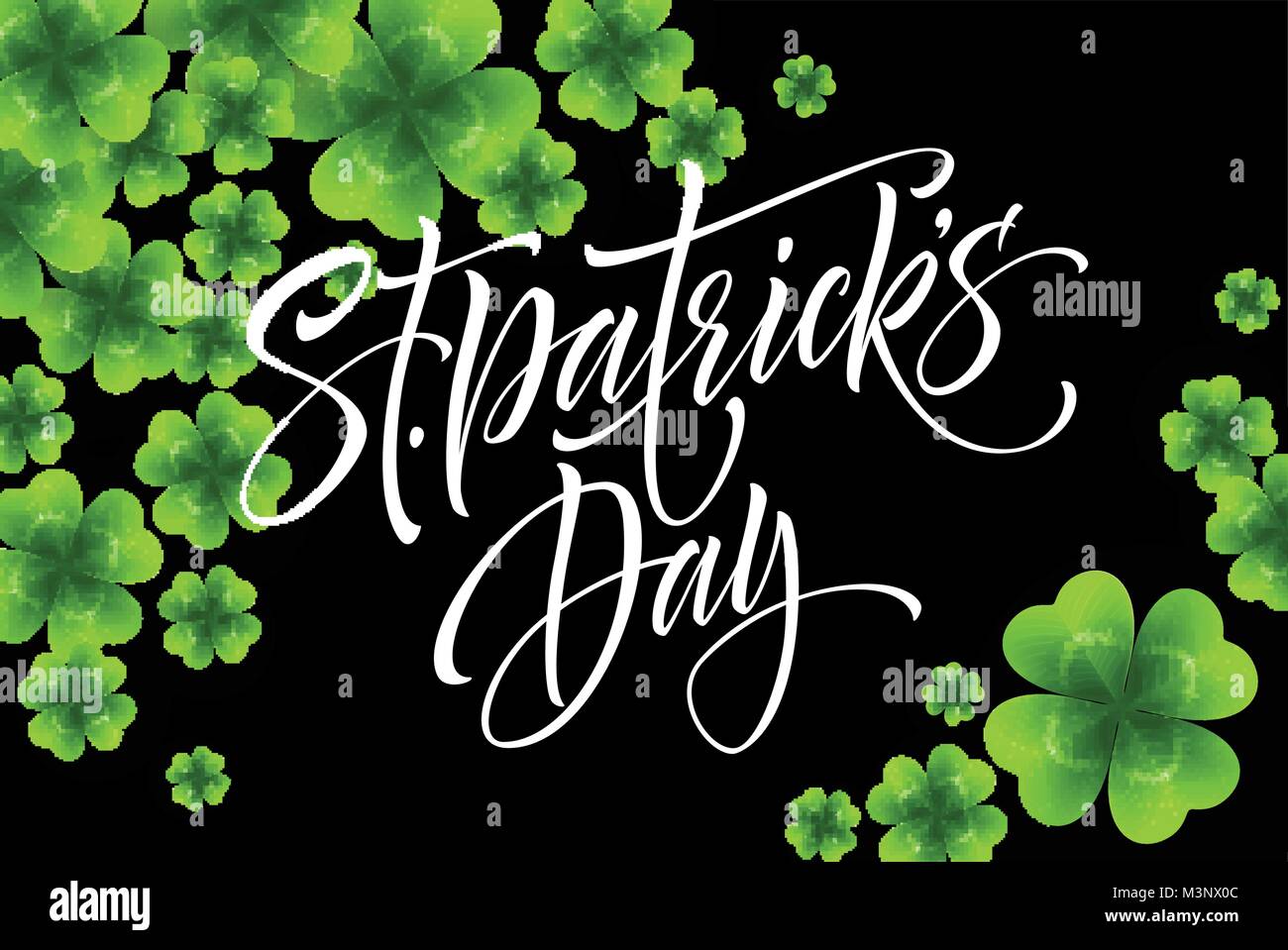 Happy Saint Patricks giorno saluto scritte sulla foglia di trifoglio sfondo. Illustrazione Vettoriale Illustrazione Vettoriale