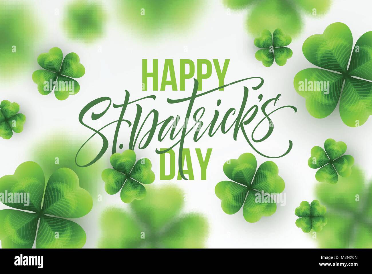 Happy Saint Patricks giorno saluto scritte sulla foglia di trifoglio sfondo. Illustrazione Vettoriale Illustrazione Vettoriale