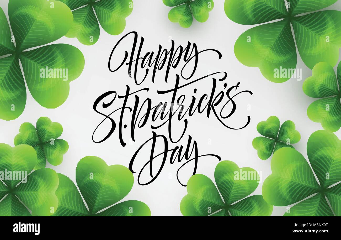 Happy Saint Patricks giorno saluto scritte sulla foglia di trifoglio sfondo. Illustrazione Vettoriale Illustrazione Vettoriale