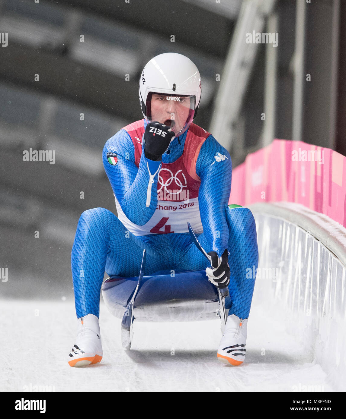 Dominik FISCHNALLER, ITA, Aktion, Zielankunft, Rodeln Einzel der Maenner, Luge - Uomini Singoli Run 4, Olympic Centro di scorrimento, 11.02.2018. Olympische Winterspiele 2018 vom 09.02. - 25.02.2018 in PyeongChang/ Suedkorea. |L'utilizzo in tutto il mondo Foto Stock