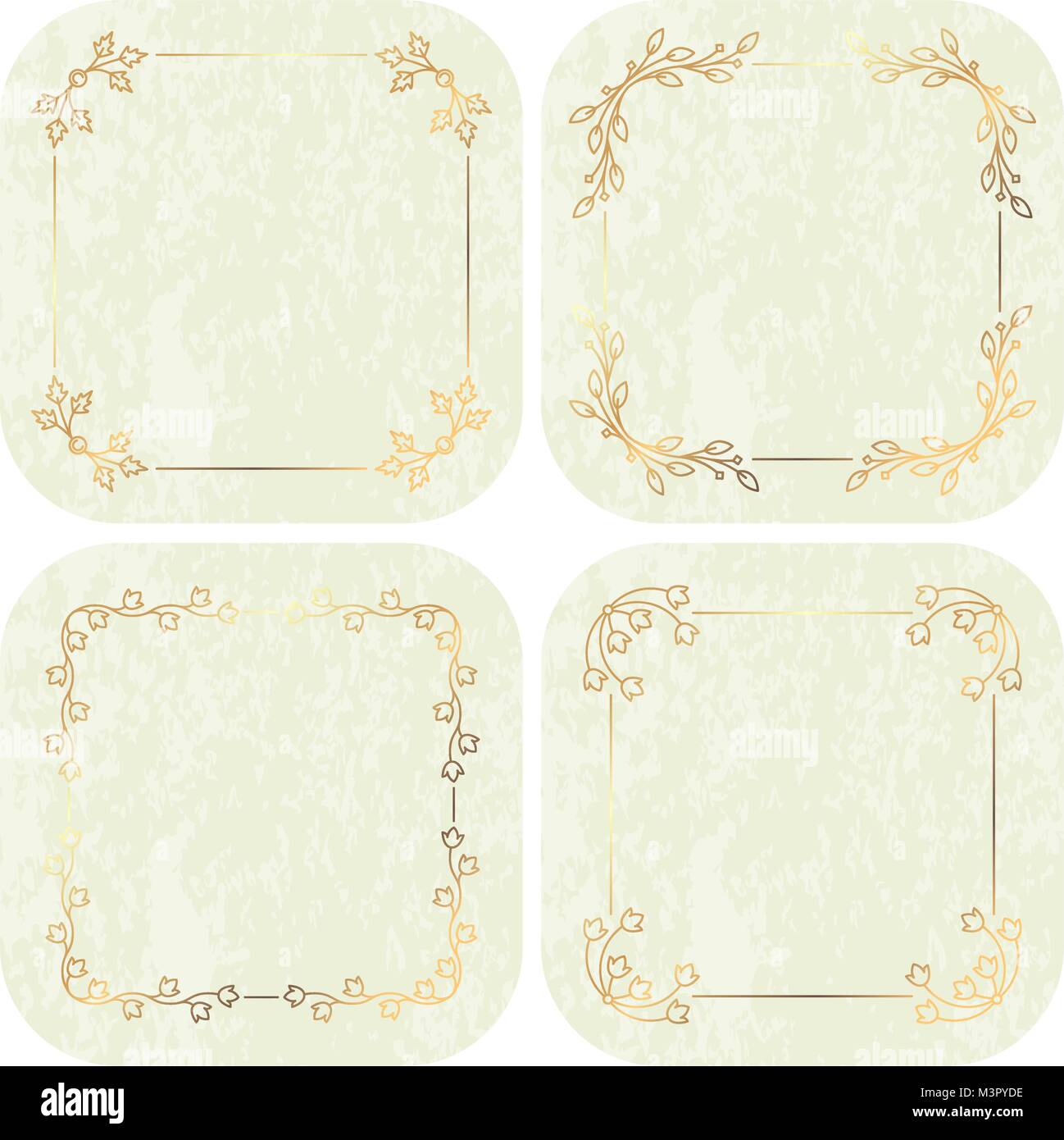 Set di quattro gold calligrafica cornici floreali su molto leggera tonalità dolci sfondo. Illustrazione Vettoriale