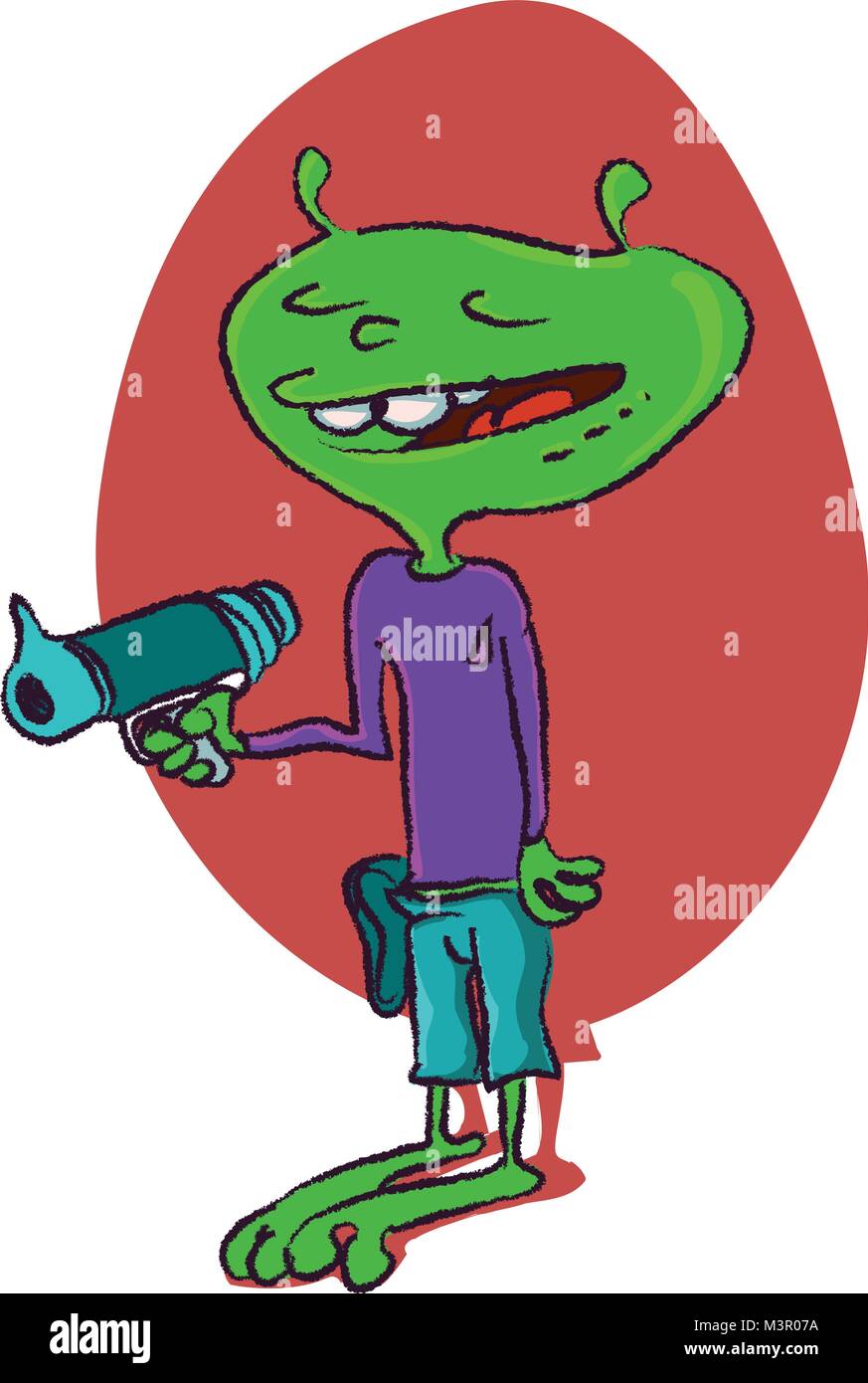 Funny alien con cannone al plasma cartoon, stile libero handdrawn illustrazione vettoriale Illustrazione Vettoriale