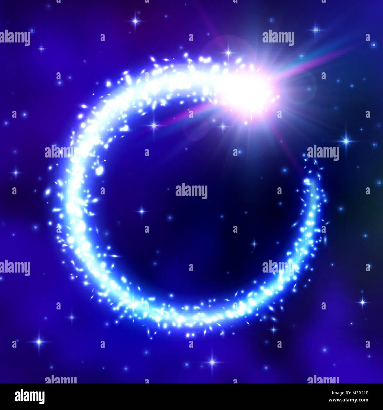 Cometa incandescente telaio blu su sfondo spazio notte con cielo nuvoloso. Flash di luce nebulosa galattica, sfarfallio stelle particelle. Coda di cometa glitter con stelle brillano di svasatura. Cosmic illustrazione vettoriale. Illustrazione Vettoriale