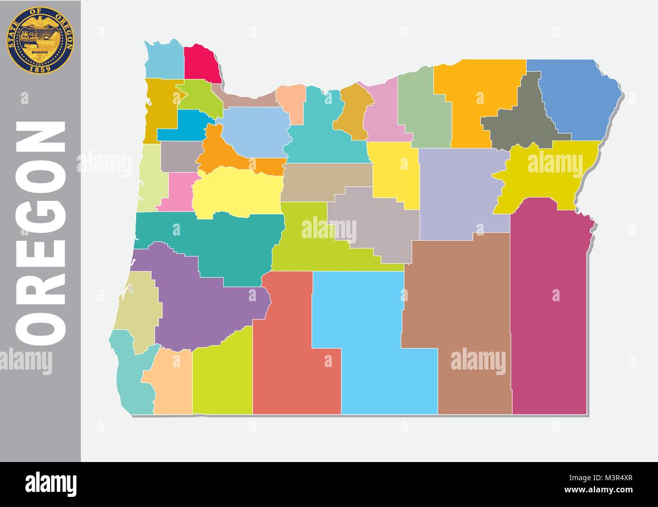 Colorato politica e amministrativa di mappa vettoriale di noi stato federale oregon con guarnizione Illustrazione Vettoriale