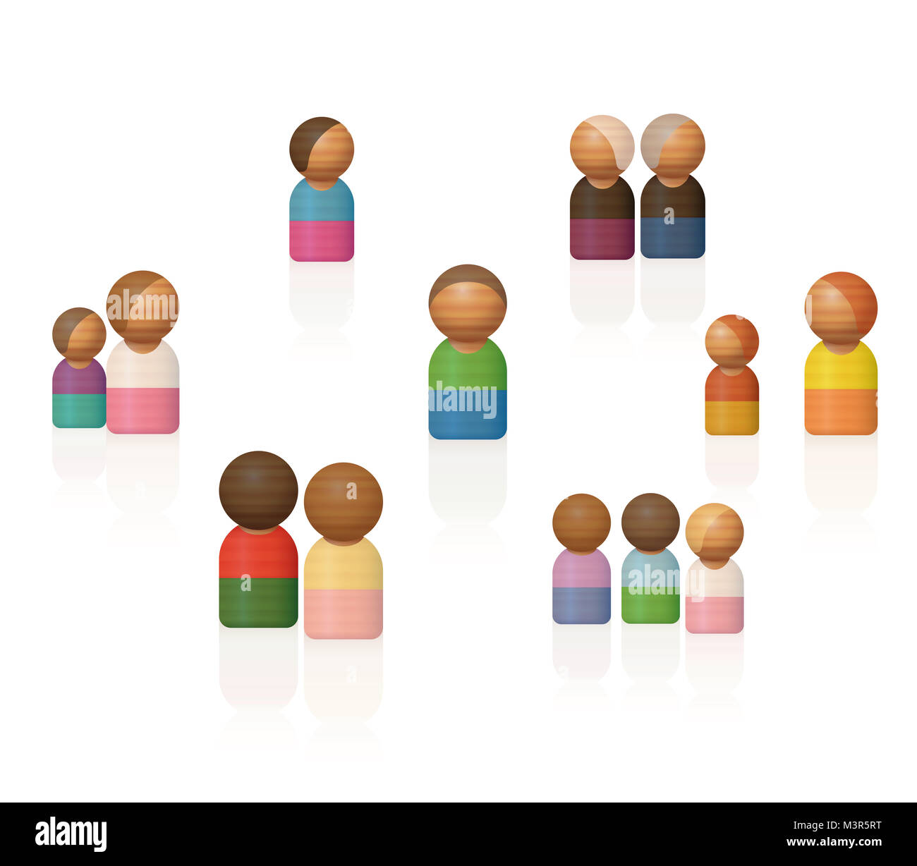 Costellazioni familiari. Terapeutico giocattolo di legno figure che rappresentano i parenti, gli amici e gli altri contatti. Per essere utilizzato come terapia alternativa. Foto Stock