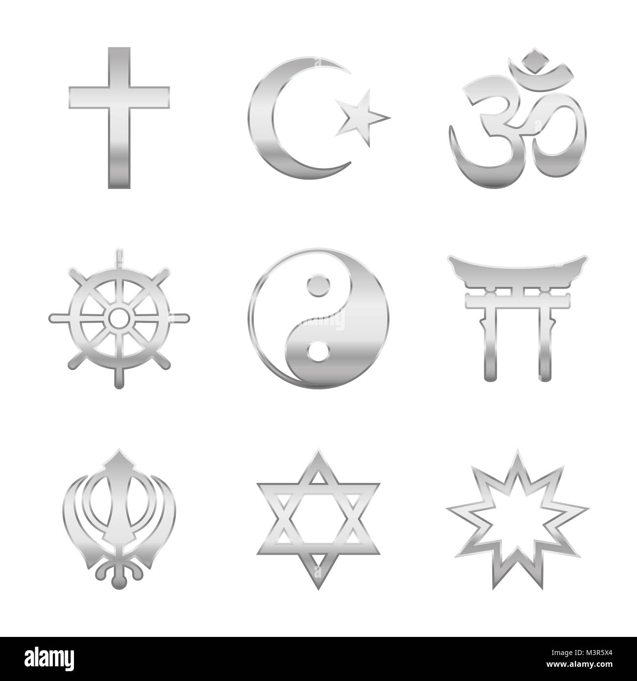 La religione dei simboli. Segni d'argento, i grandi gruppi religiosi e religioni. Il cristianesimo, l'Islam, l'Induismo, il buddismo, il taoismo, lo Shintoismo, Sikhismo, Giudaismo. Foto Stock