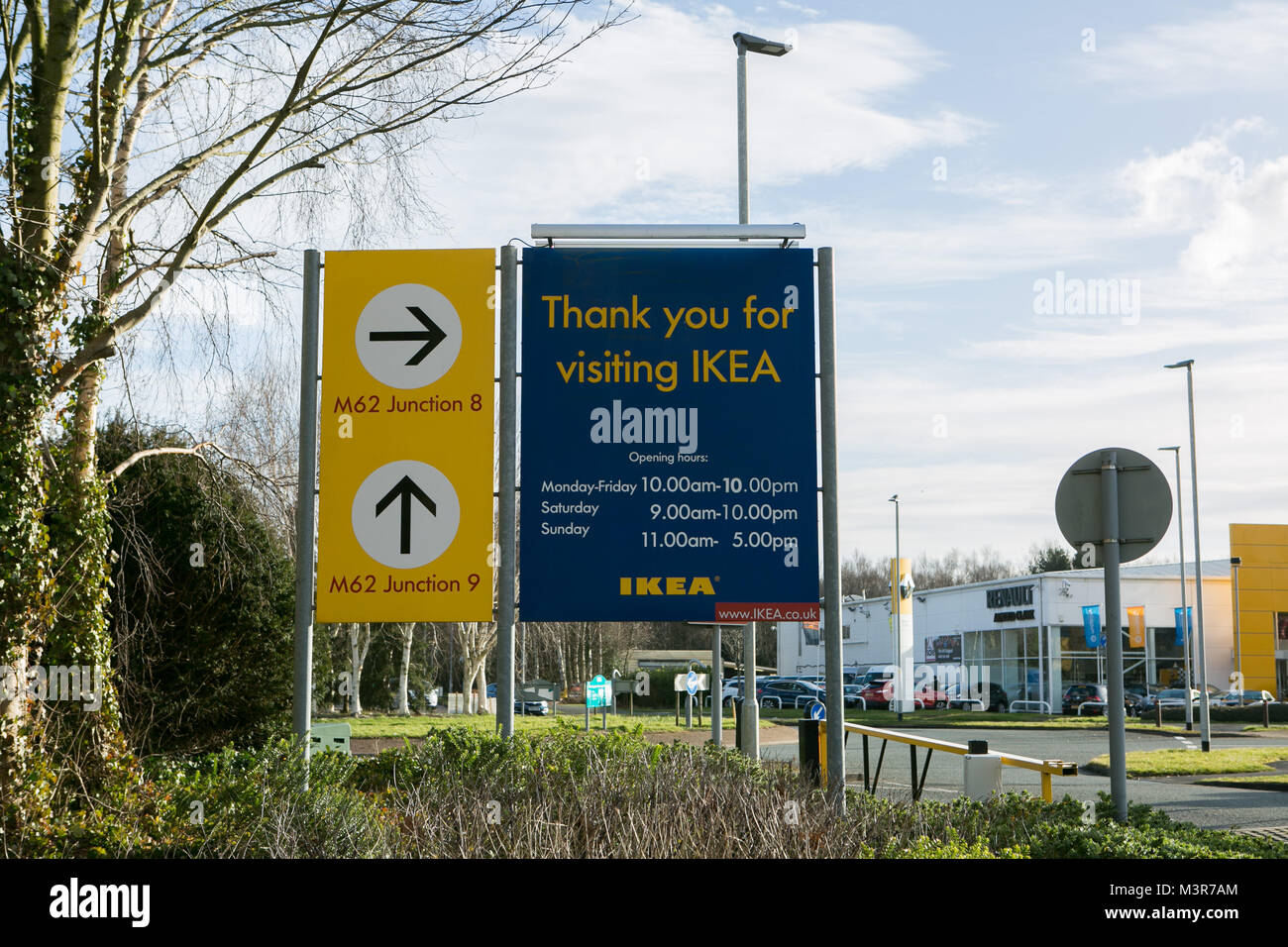 'Grazie per aver visitato IKEA' firmare nel parcheggio auto al di fuori del negozio. Warrington, Regno Unito. Preso 12 febbraio 2018 dopo il fondatore di IKEA Ingvar Kamprad morti di età compresa tra i 91. Foto Stock