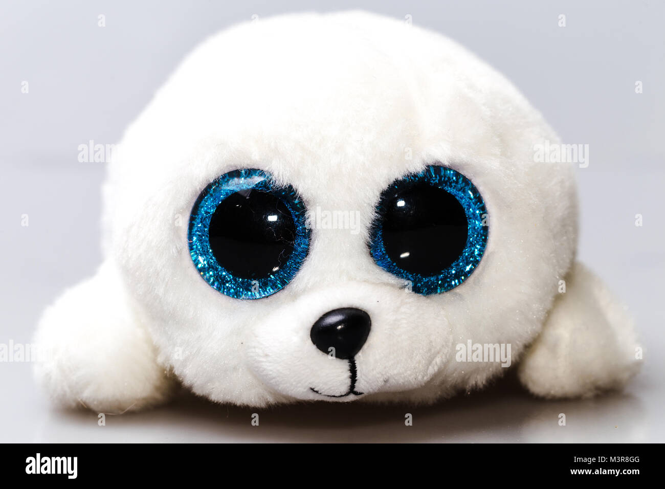 Un bianco guarnizione bambino giocattolo di peluche con grandi occhi blu. Un peloso graziosi animali. Foto Stock