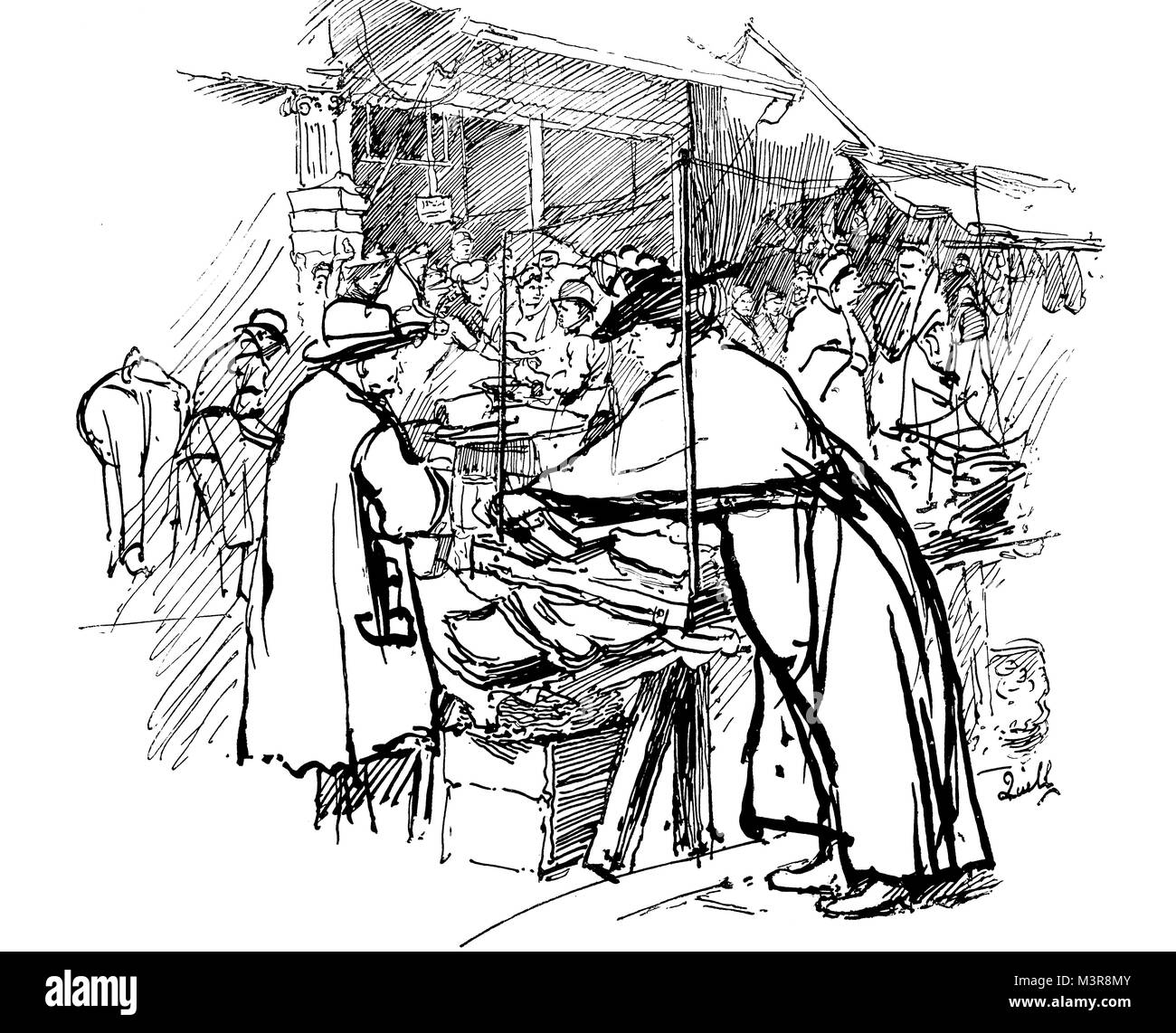 In cuoio Lane market, penna e inchiostro sketch da incisore, Illustrator e pittore Hanslip Fletcher, dal 1895 lo studio di una rivista illustrata di belle un Foto Stock