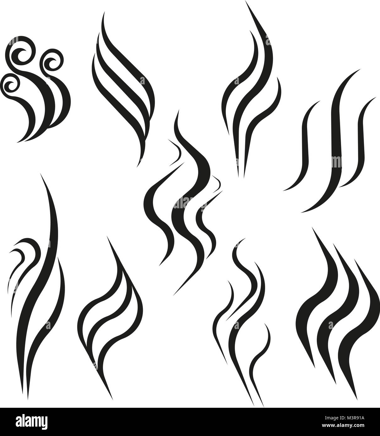 Odore aroma e segno di calore set. Odore e profumo o vapore caldo silhouette. Il fumo caldo icona vettore isolato su sfondo bianco. Illustrazione Vettoriale