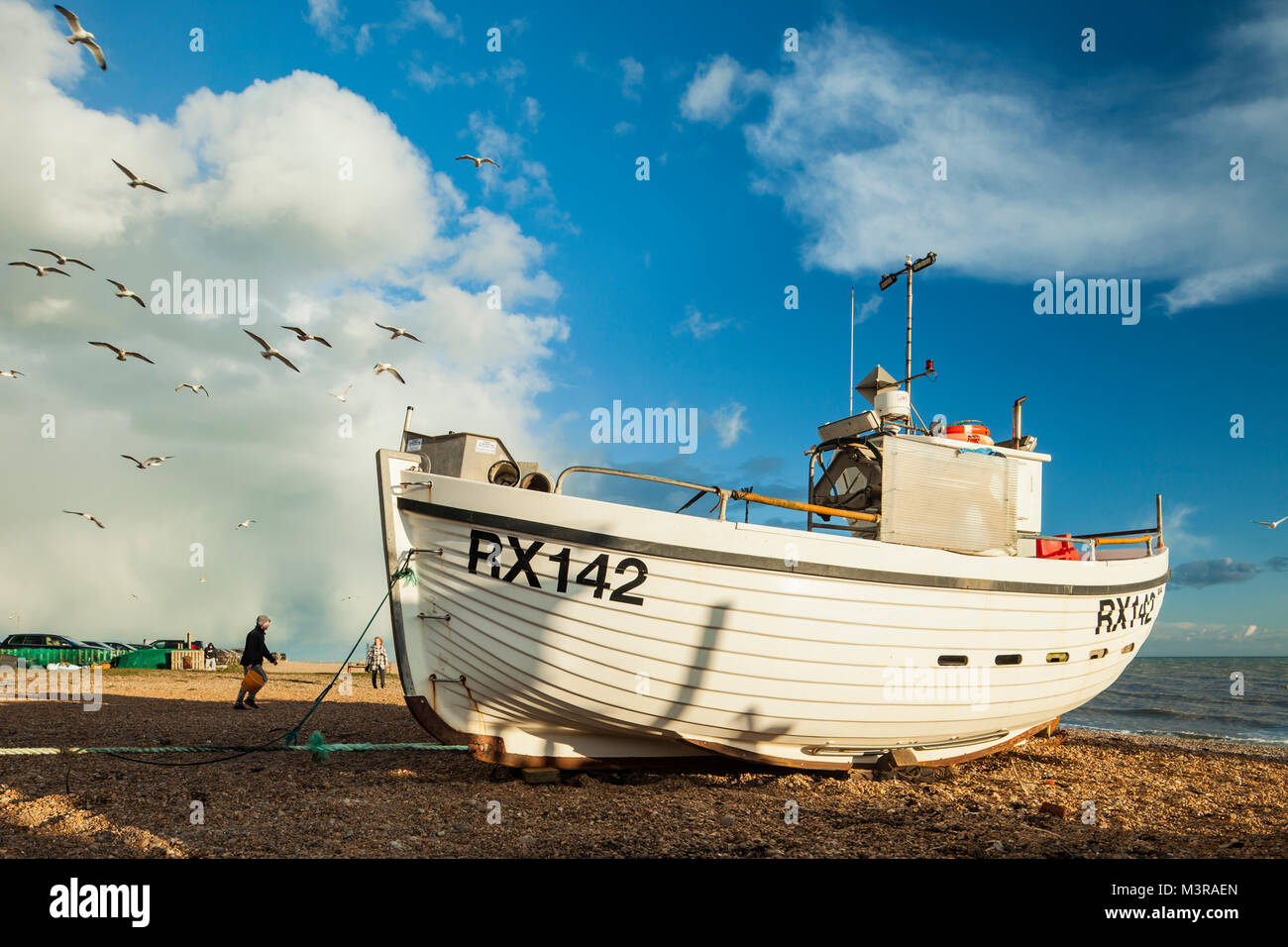 Barche da pesca sulla spiaggia di Hastings, East Sussex, Inghilterra. Foto Stock