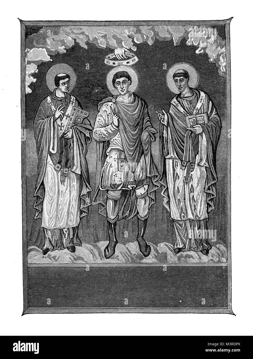 Miniatura di un messale romano ( Canon della massa) del IX secolo, raffiguranti santi nella benedizione pongono Foto Stock