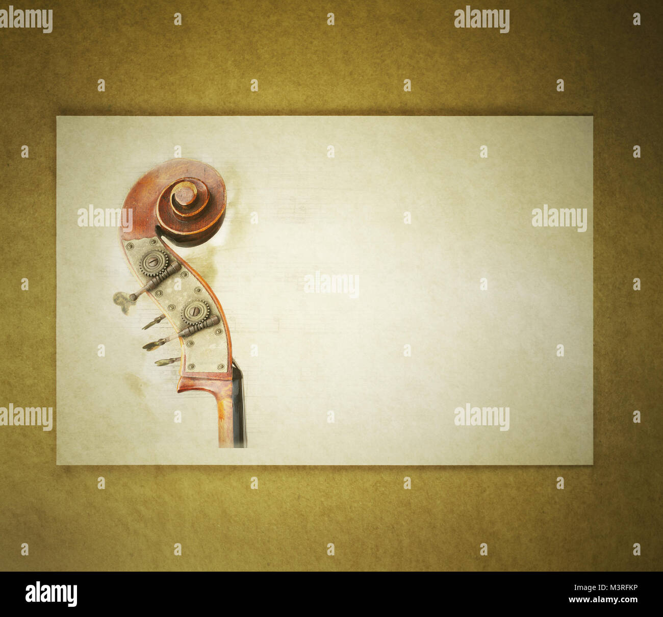 Dettaglio di un manico al violoncello in un elegante biglietto sfondo vintage Foto Stock