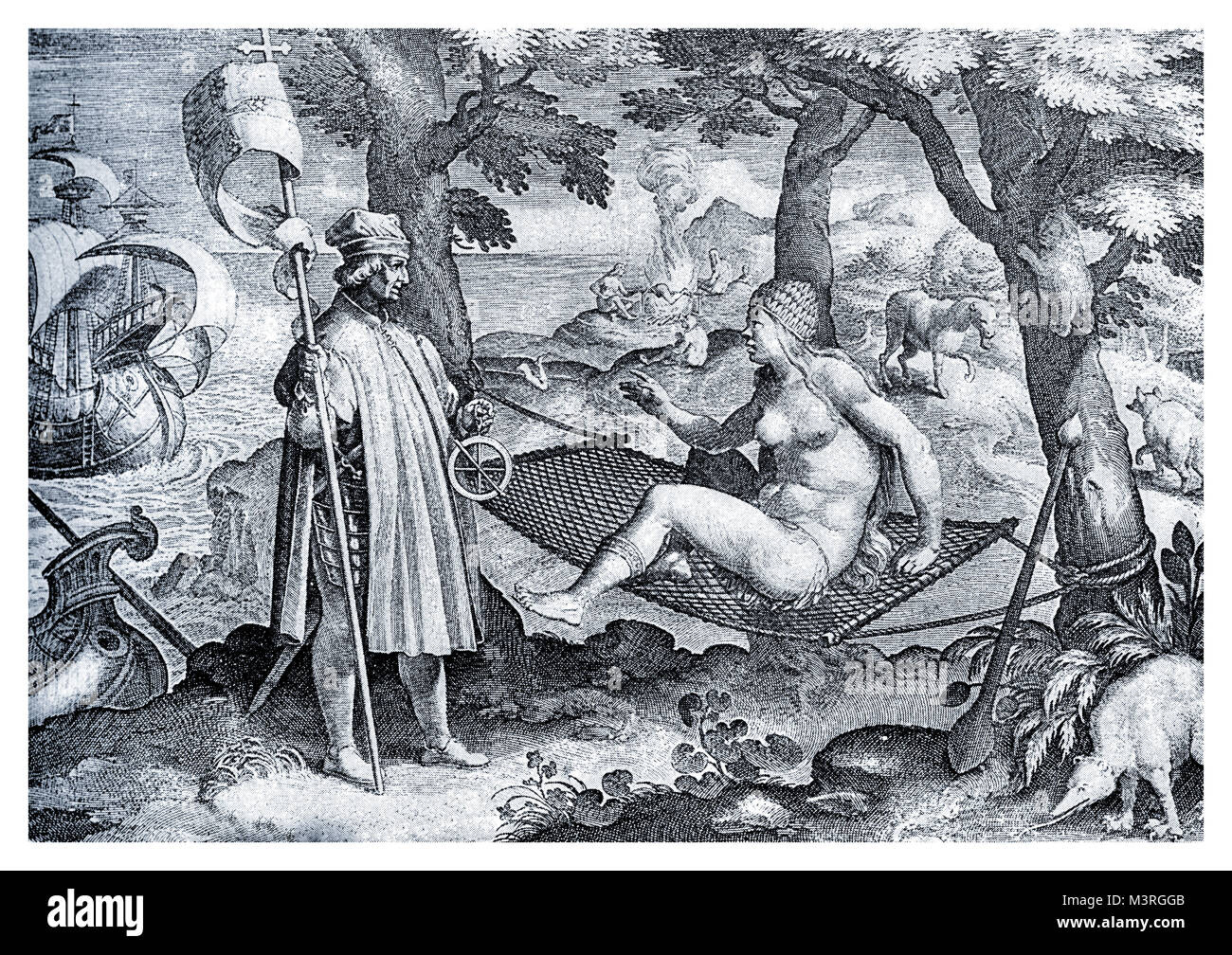 Primo incontro del navigatore Amerigo Vespucci con i nativi americani,figura allegorica del XVI secolo Foto Stock