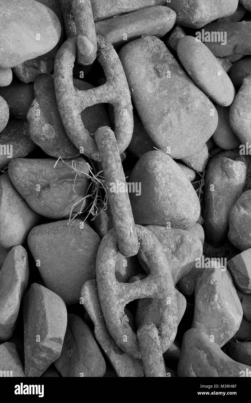 Foto in bianco e nero di una vecchia catena di ancoraggio ricoperte da licheni sulla spiaggia di ciottoli. Foto Stock