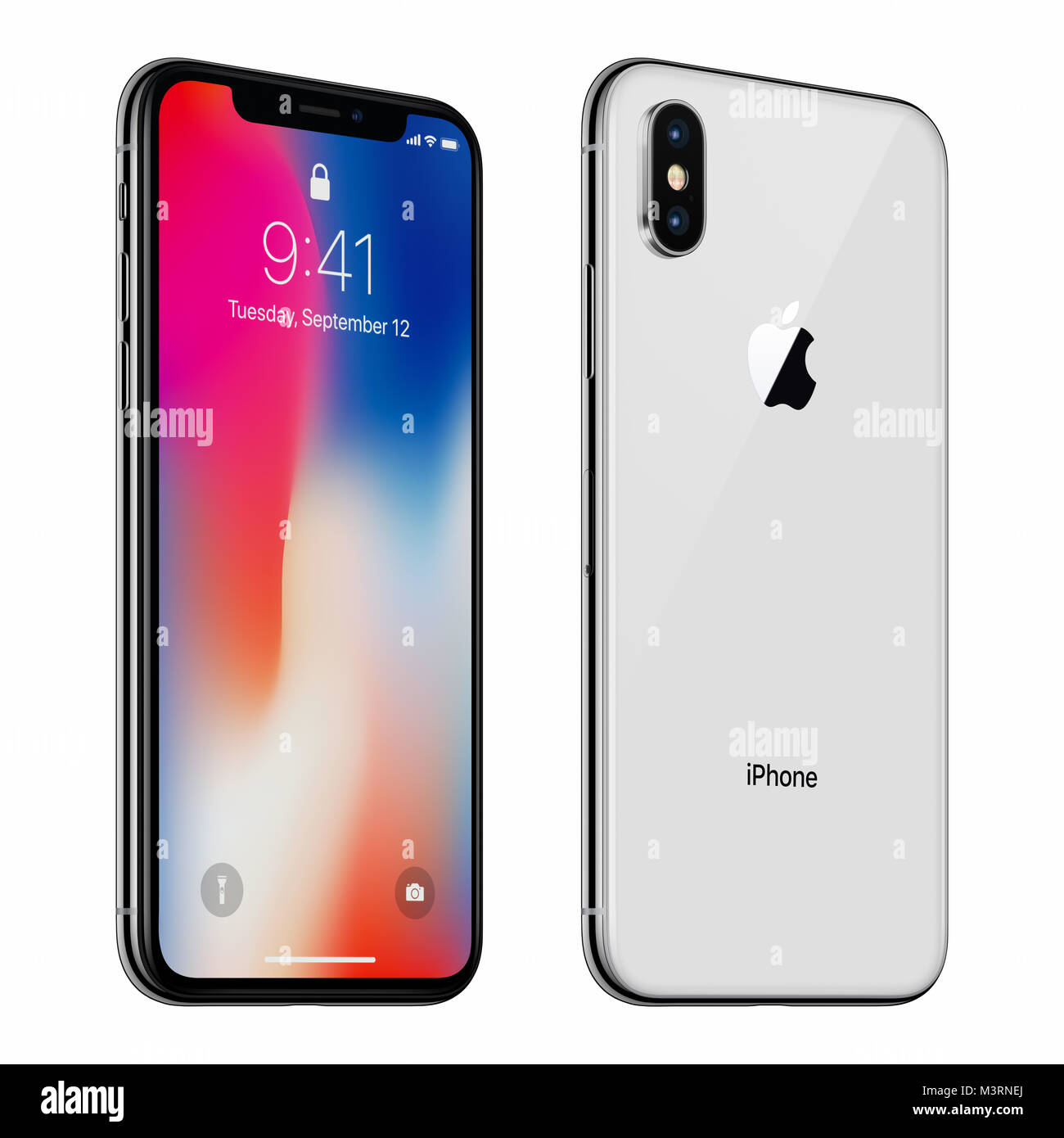 Ruotare bianco Apple iPhone X con iOS 11 lockscreen del lato anteriore e  del lato posteriore isolato su sfondo bianco Foto stock - Alamy