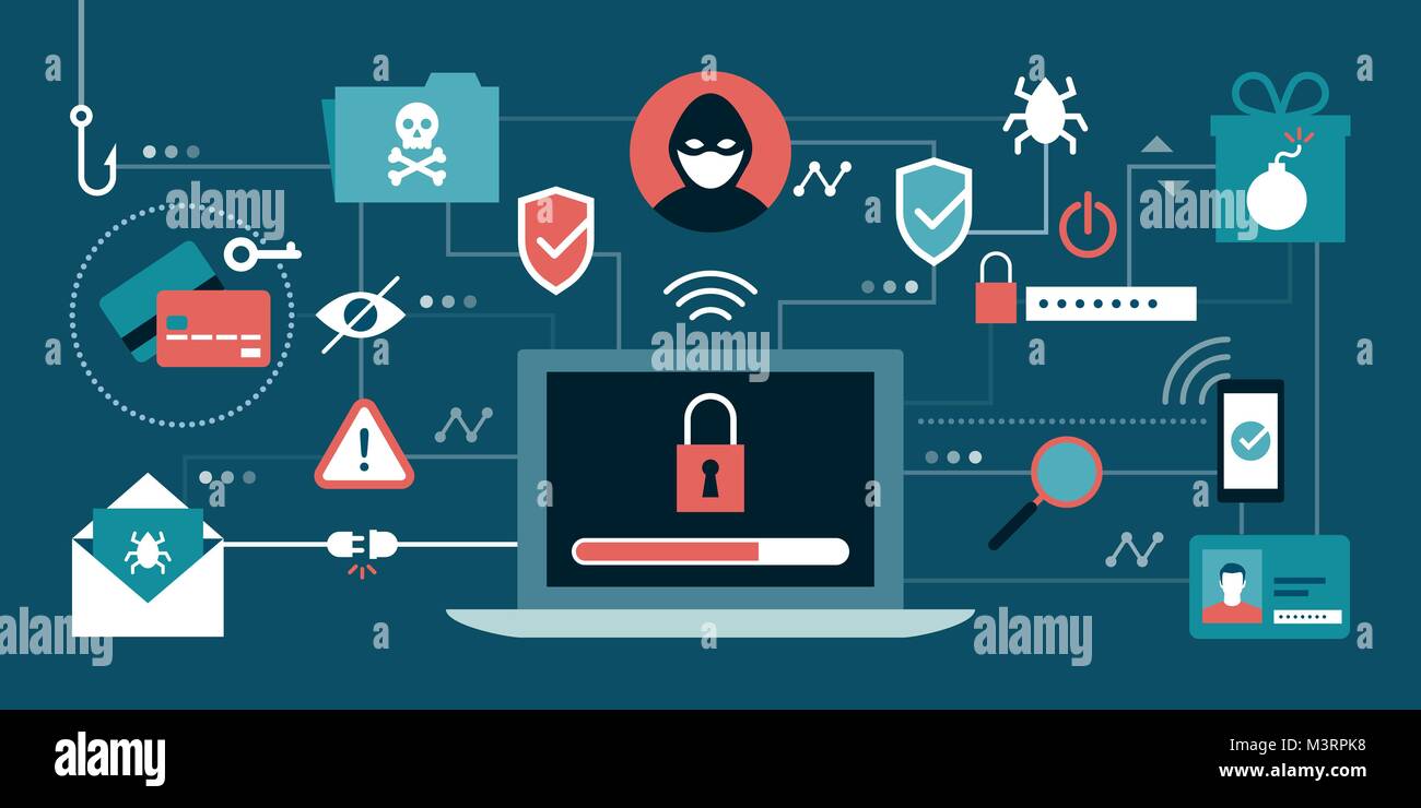 Cyber security, antivirus, hacker e concetti di malware con secure laptop al centro Illustrazione Vettoriale