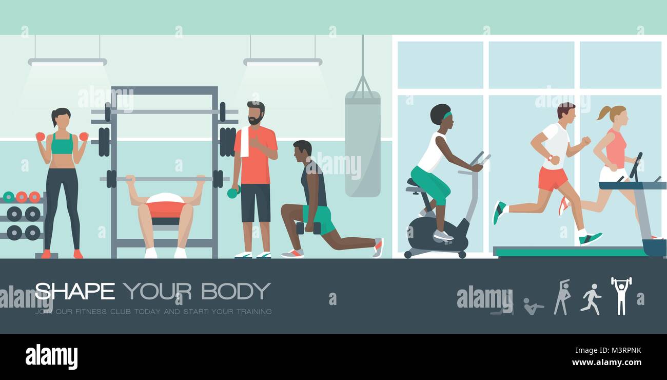 Montare giovani persone che esercitano insieme presso la palestra, correre, andare in bicicletta e il sollevamento pesi; uno stile di vita sano e concetto di sport Illustrazione Vettoriale