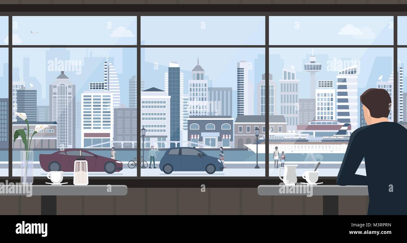 Uomo di relax presso il cafe, egli è un caffè e fissando la finestra, vista città sullo sfondo Illustrazione Vettoriale