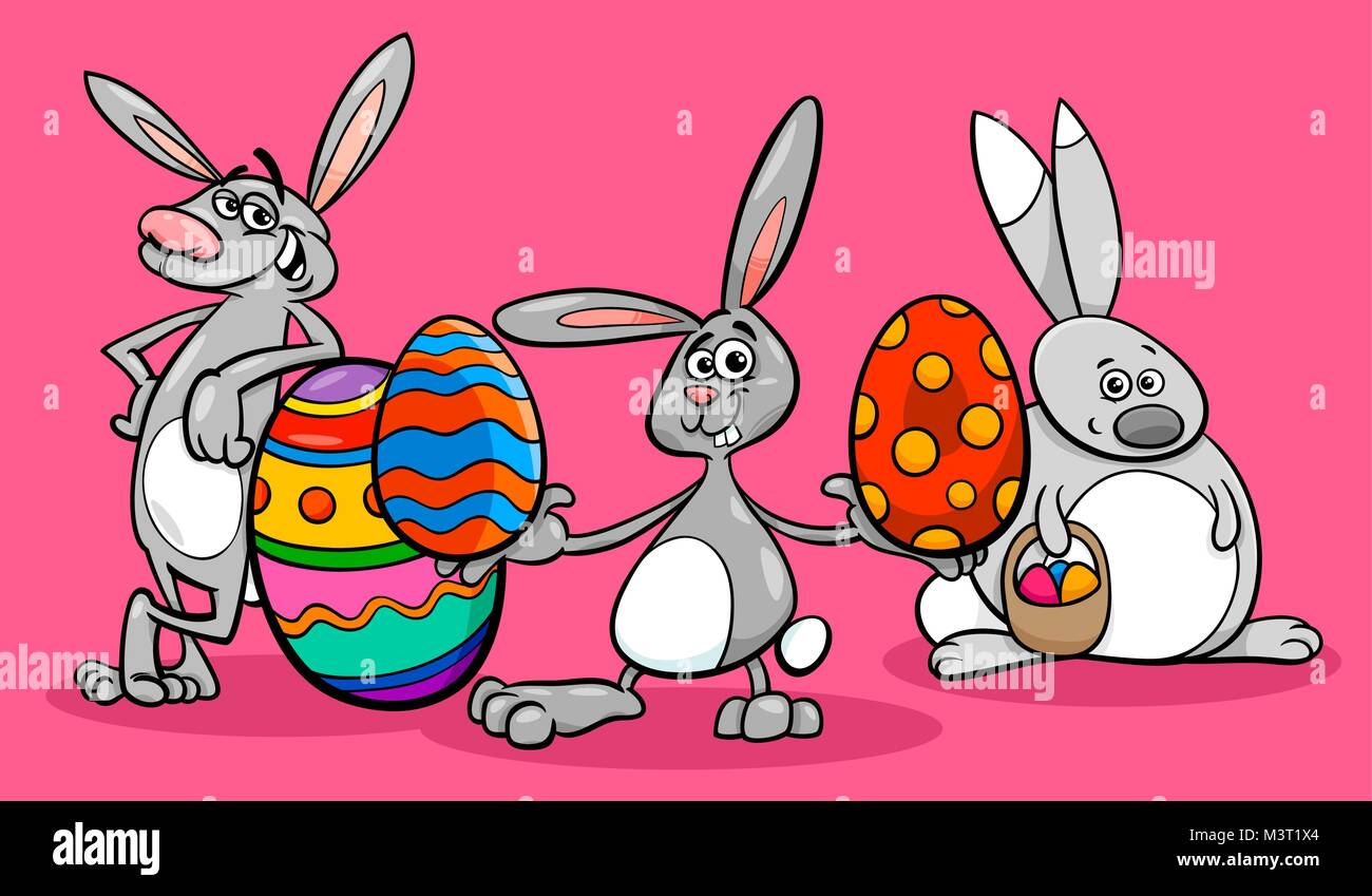 Illustrazione del fumetto di divertenti conigli pasquali caratteri con uova colorate Illustrazione Vettoriale