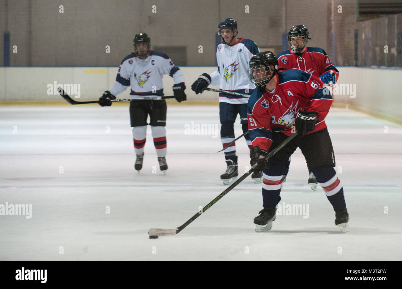 Contrassegnare la Giordania, membro di Kaiserslautern Comunità Militare Eagles squadra di hockey, si prepara a passare di un disco da hockey durante una pratica corrispondono in Zweibrucken, Germania sul Mar 16, 2016. I membri della squadra di hockey indossavano le loro opportune hockey casco e abbigliamento protettivo per evitare lesioni specifiche come ad esempio lesioni cerebrali traumatiche (TBI). La TBI consapevolezza è osservata nel corso del mese di marzo nella speranza di diffondere la consapevolezza del trauma e potenzialmente impedire in futuro casi. (DoD News foto da TSgt Brian Kimball) 160316-F-QP401-170 dal DoD Notizie Foto Foto Stock