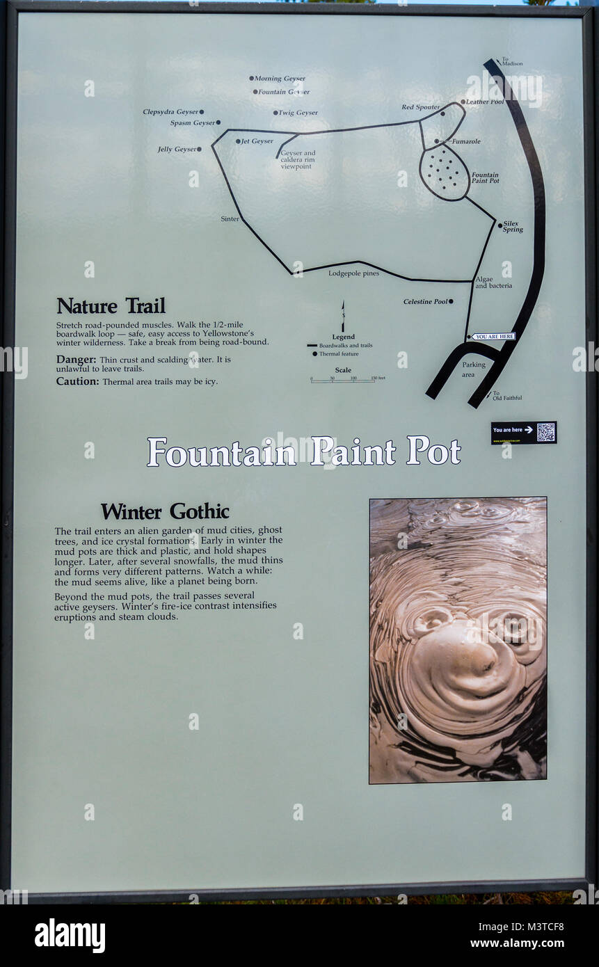 Informazioni segno e mappa per la fontana vaso di vernice zona termale. Parco Nazionale di Yellowstone, Wyoming USA Foto Stock
