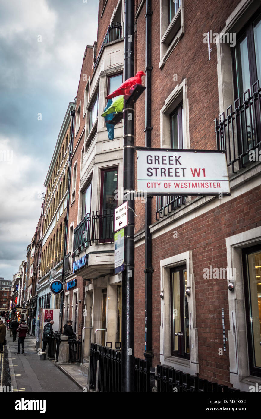 Il gregge di piccioni di Patrick Murphy in Greek Street, Soho, Londra, Inghilterra, U.K> Foto Stock