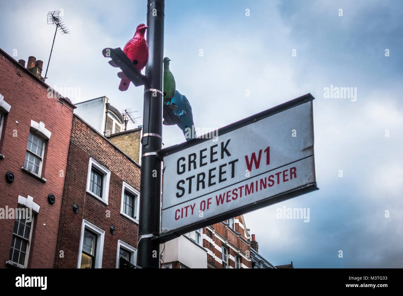Patrick Murphy's gregge di piccioni su Greek Street, Soho, London, Regno Unito Foto Stock