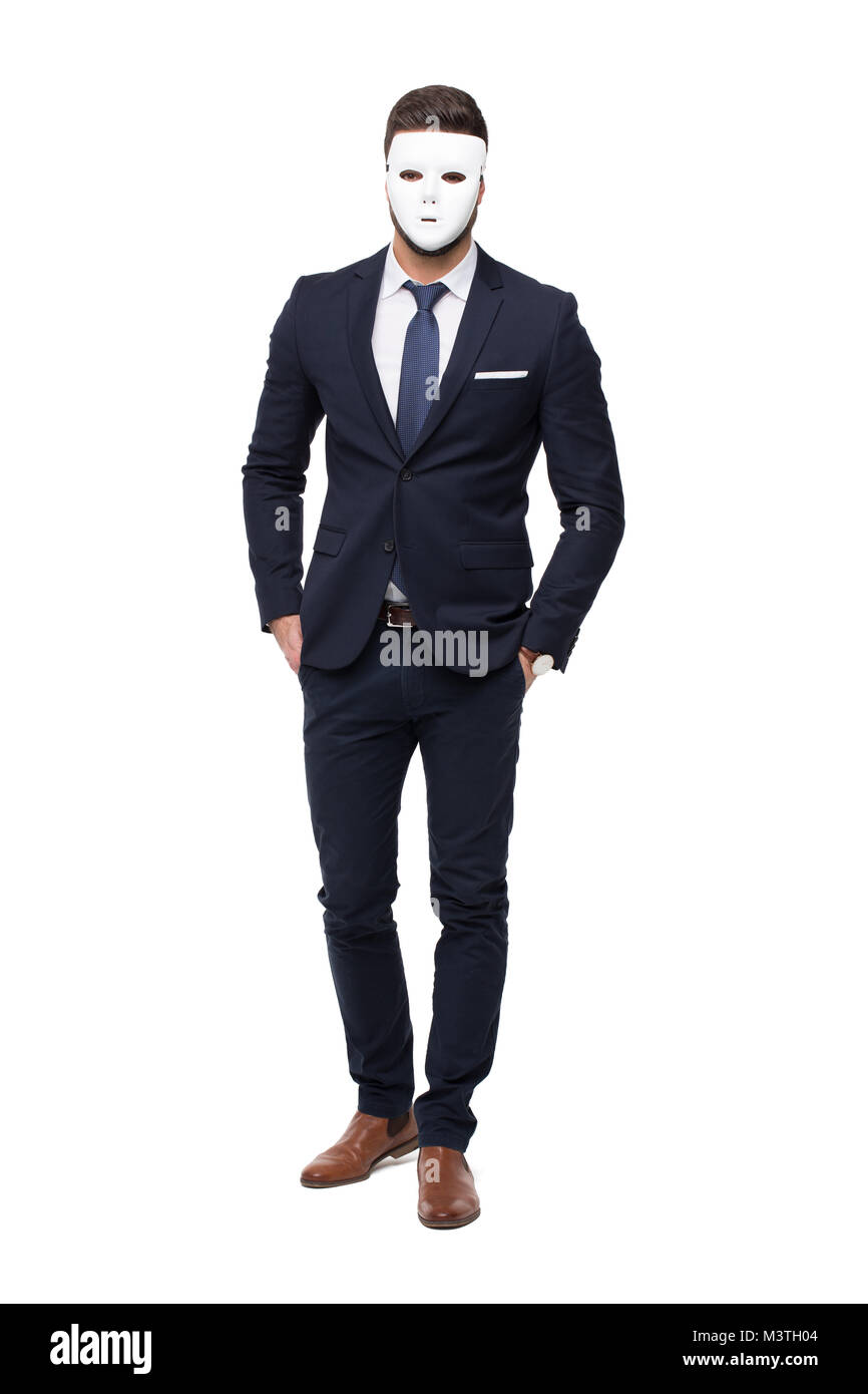 Imprenditore in abbigliamento formale e maschera, isolato su bianco Foto Stock