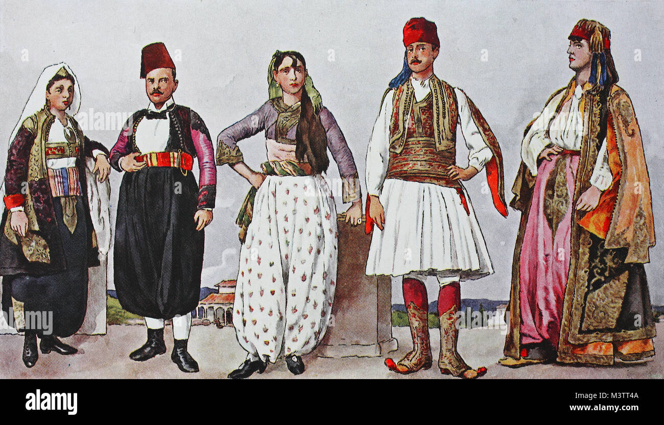 Moda, abbigliamento in Albania intorno al XIX secolo, da sinistra, una  coppia cattolica di Scutari, una ragazza Mohammedan, un Mohammedan  albanese, un cosiddetto Arnaute e una donna albanese in ricchi costumi  ricamati,