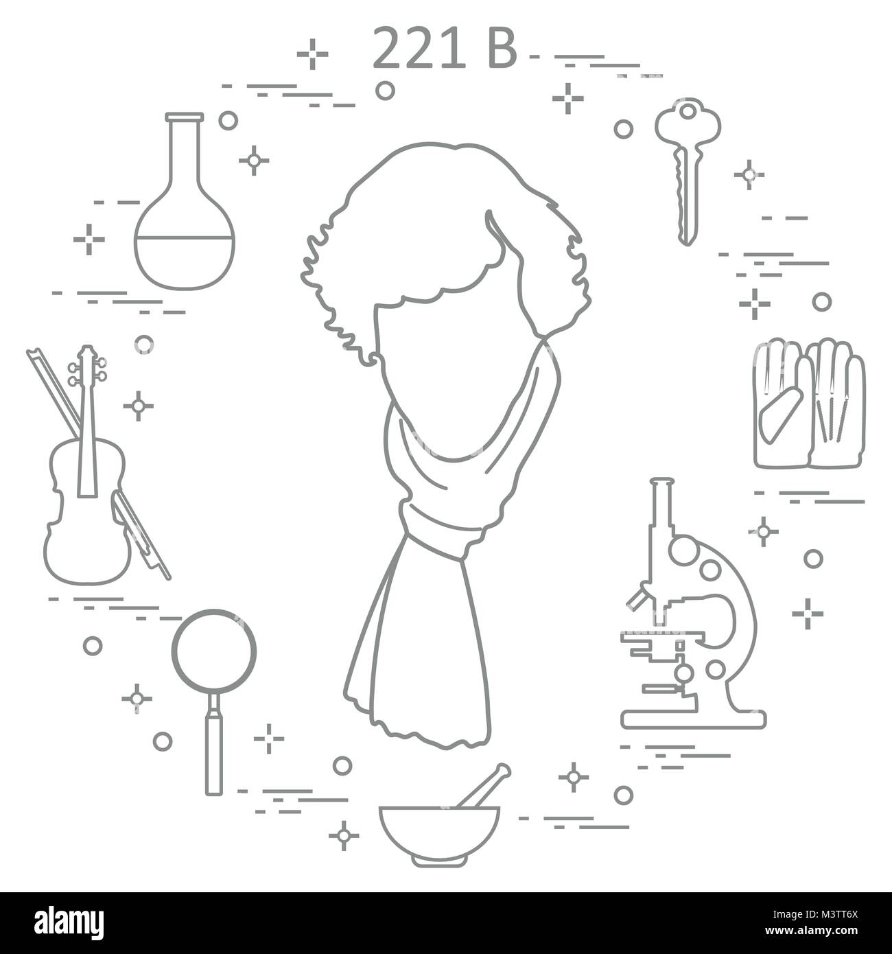Detective privato Sherlock Holmes con una varietà di strumenti e apparecchiature. L'eroe della popolare serie TV. Design per un annuncio stampa. Illustrazione Vettoriale