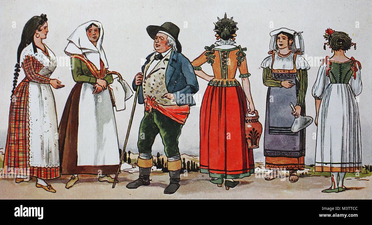 La moda, abbigliamento in Italia, il sud Italia, dal 1800-1830, da  sinistra, donna da Lerici, Golfo di La Spezia, contadina dalle montagne  vicino a Pistoja, agente di commercio del mercato e del