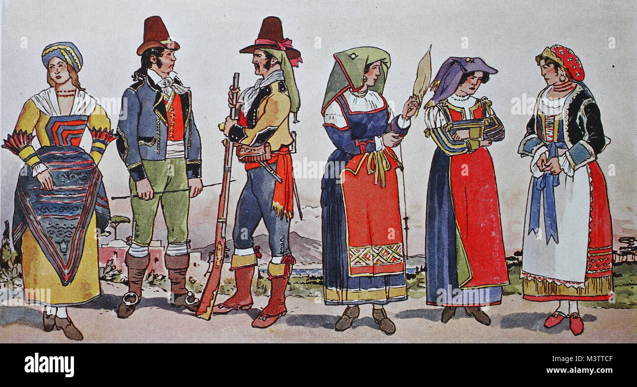 La moda, abbigliamento in Italia, il sud Italia, dal 1800-1830, da  sinistra, contadina da Venafrano su Matesegebirge, l uomo da S. Giovanni a  Teduccio, tra Napoli e portici, un paese cacciatore, una