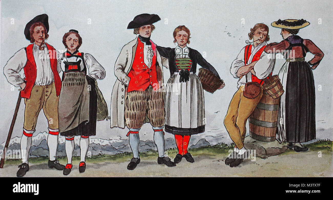 Moda, costumi, abbigliamento in Svizzera, intorno al 1804, da sinistra una  giovane coppia da parte del cantone di Berna, giovane dal Cantone di  Argovia e giovane dal cantone di Friborg, digitale riproduzione