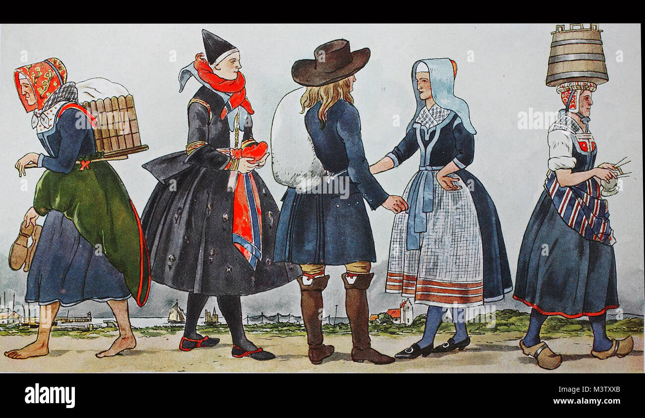 Moda, abbigliamento in Danimarca, costumi folcloristici 1800, da sinistra,  donna von Skovshoved, al suono, a nord di Copenhagen, chiesa vestiti di una  donna da Tarmby sull'isola di Amager, giovane da Kragerup e