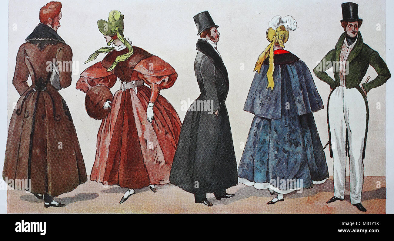 Moda, abbigliamento, la moda Biedermeier in Germania, la moda a Francoforte, Novembre, Dicembre 1834, digital riproduzione migliorata da un originale a partire dall'anno 1900 Foto Stock