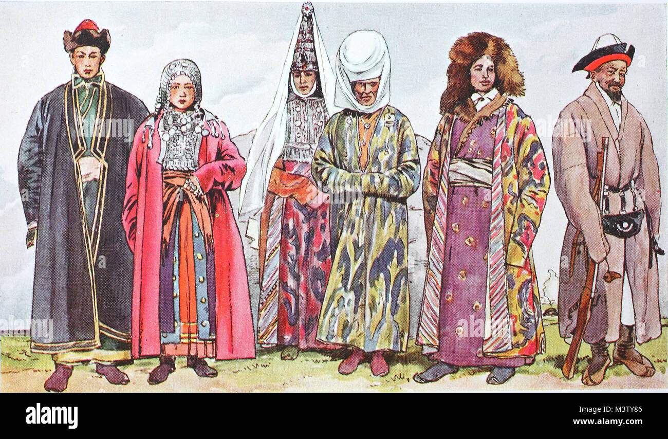 Moda, abbigliamento in Russia asiatica, da sinistra, coppia giovane dalla tribù Bashkir, poi una ragazza del Kirghizistan con gioielli nuziale, poi un Bokhara Kigisin in un kaftan imbottito, poi un Kirghizistan con un cappello di pelliccia e un armati, kirghisa digitale riproduzione migliorata da un originale a partire dall'anno 1900 Foto Stock