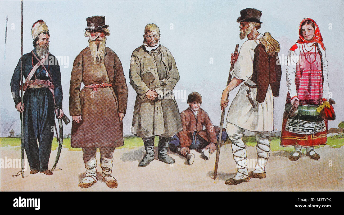 Moda, abbigliamento, usi e costumi in Russia europea, da sinistra, un  Donkosak nel 1813, poi un postiglione rurale e due piccoli russo tipi  contadina, quindi una maggiore imprenditore russo e un po'