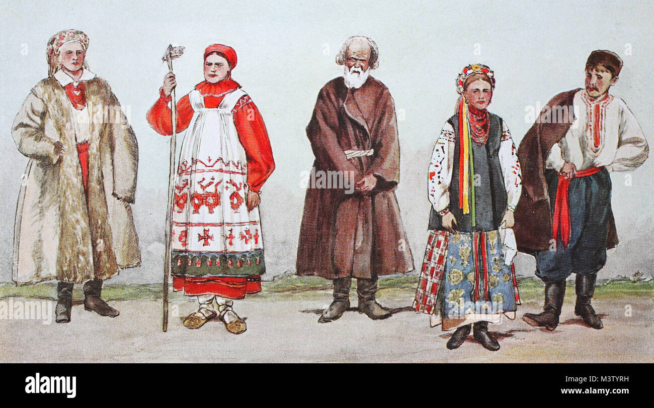 Moda, abbigliamento, usi e costumi in Russia europea, il piccolo russi, da  sinistra, un po' di Russo donna da Cherson, un contadino ucraino donna, un  vecchio Ucraino, una donna ucraina festival in