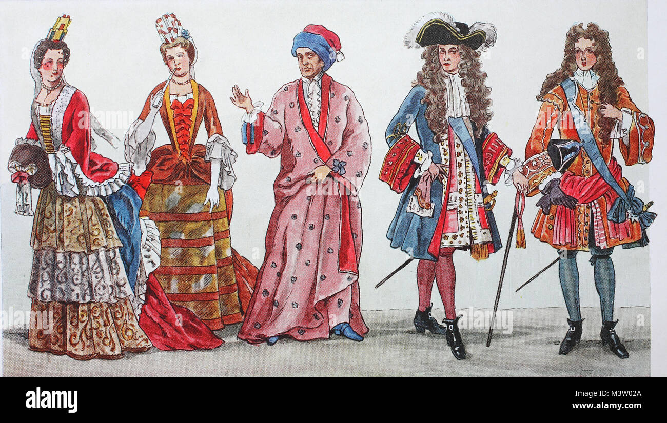 La moda, abbigliamento in Francia al tempo di Luigi XIV, da sinistra,  signore in costume intorno a 1680 - 1700, un uomo in vestaglia e  turbante-come sleepyhead, quindi Luigi XIV nel 1700
