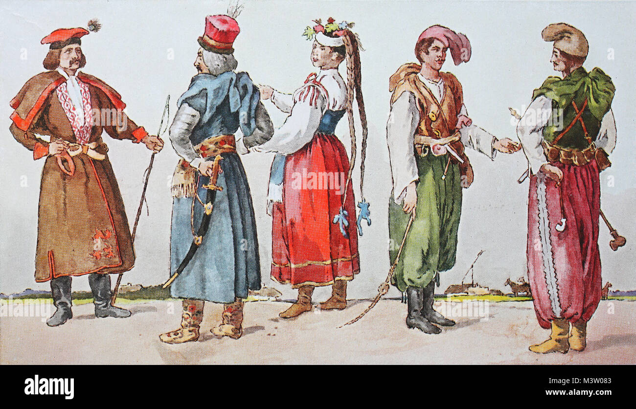 Moda, abbigliamento in Polonia e Ucraina nel XVI - XVII secolo, da  sinistra, un agricoltore dalla zona di Cracovia, un nobiluomo Polacco, poi  una contadina e due agricoltori da Ucraina, digitale riproduzione