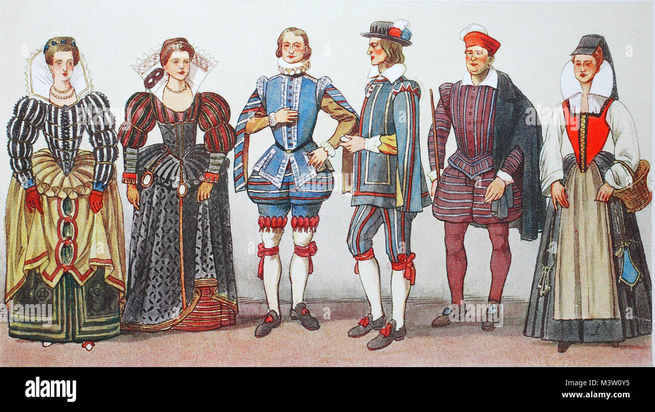 Moda, costumi, abbigliamento in Francia al momento della moda spagnola e  Enrico III. intorno al 1575-1590, nobili dame e le pagine da sinistra due  nobili dame, una pagina del re, un livre