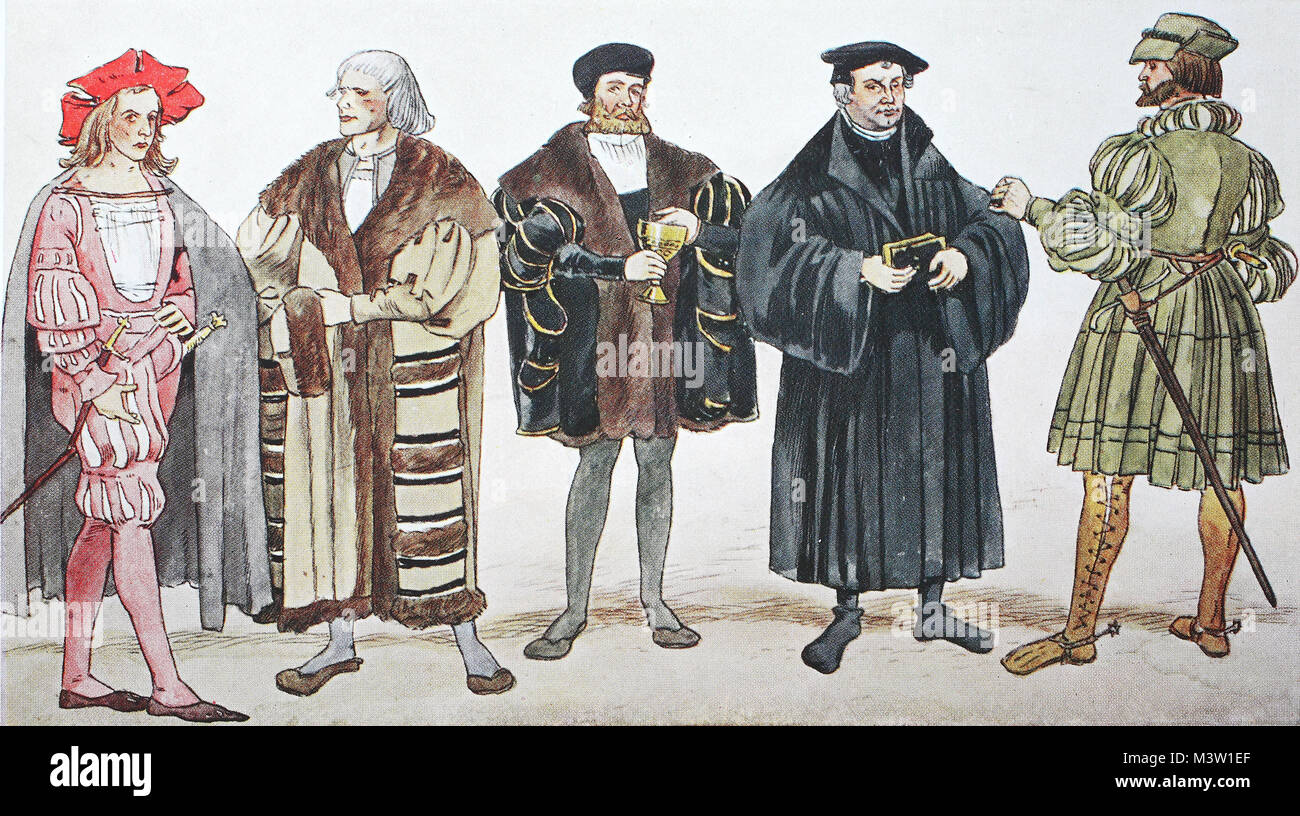 Abbigliamento di moda in Germania durante la Riformazione intorno al 1500-1530,  da sinistra, giovane intorno al 1500 in un breve jerkin, quindi un nobile  uomo vecchio, l'abito ufficiale del nuovo clero protestante