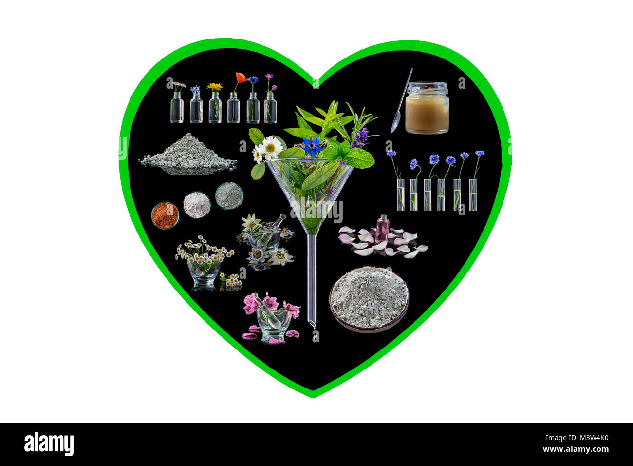 Immagine concettuale : Alternative medicine a base di erbe in sfondo nero in forma di cuore su bianco medicina di erbe concept Foto Stock